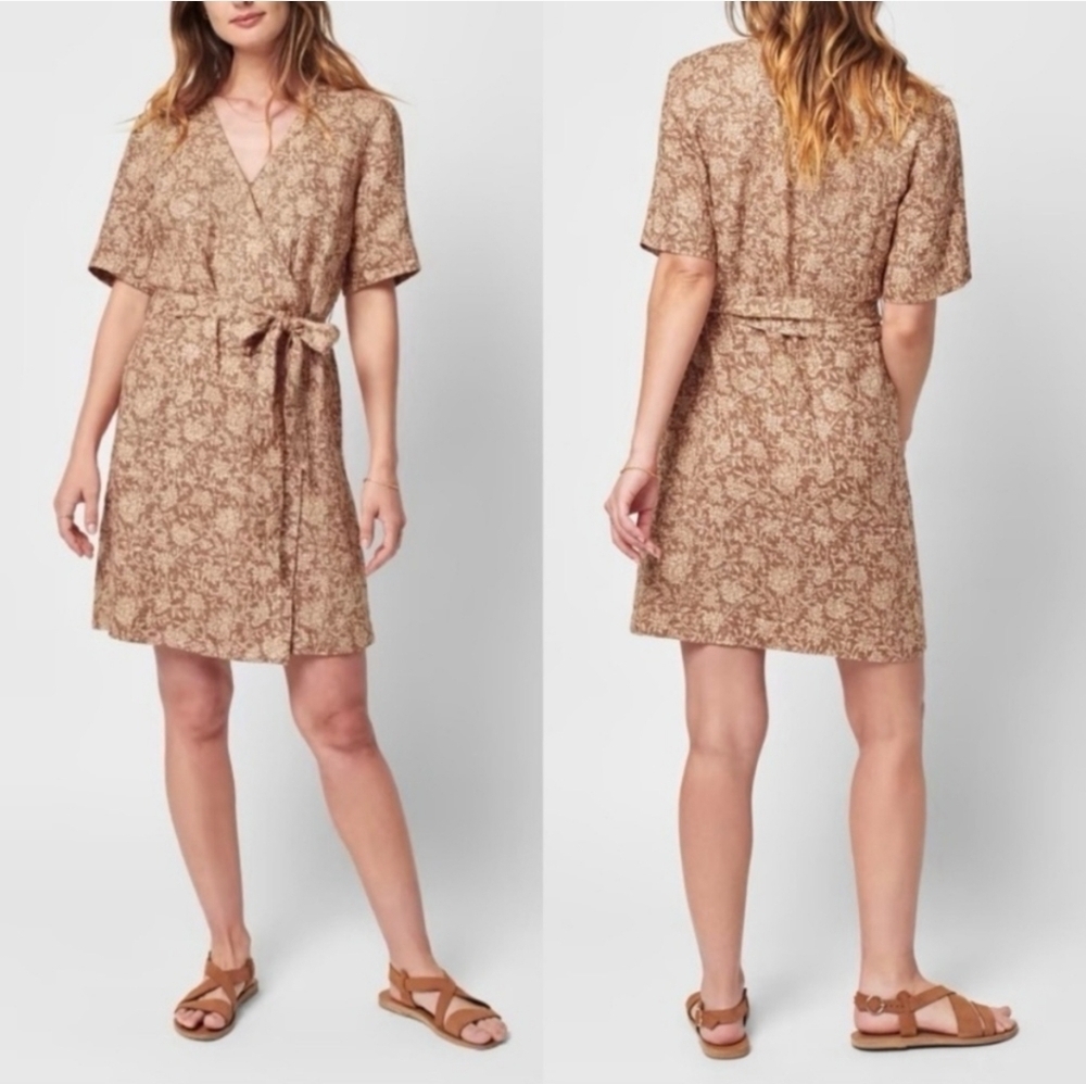 NWT Faherty Ashley Linen Wrap Dress Tie Waist V Neck XS Bronze Riviera Floral